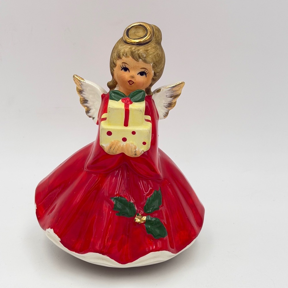 Vtg Japan Angel Christmas Rotating Music Box Figurine Napco? Lefton? Works 5in